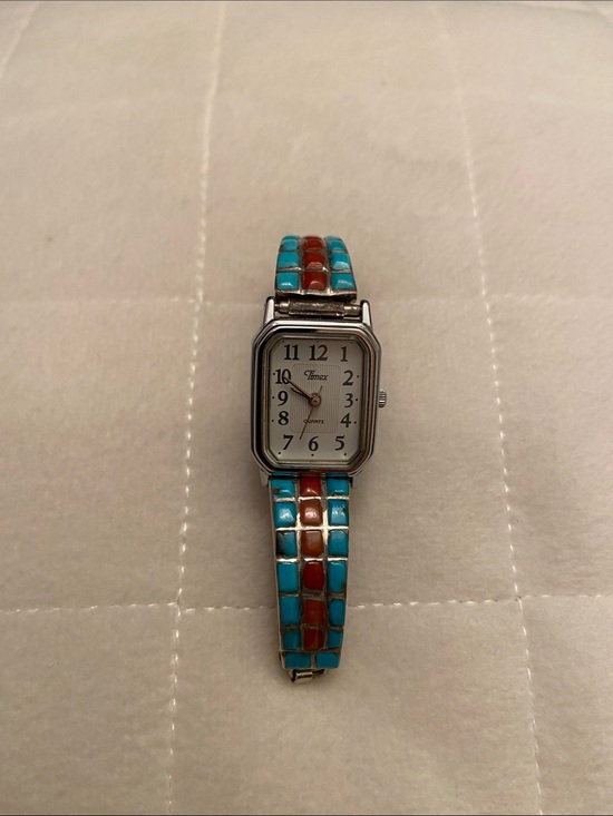 Accessories - Vintage Women’s Zuni Turquoise Coral Raised Inlay Sterling Silver Watchband